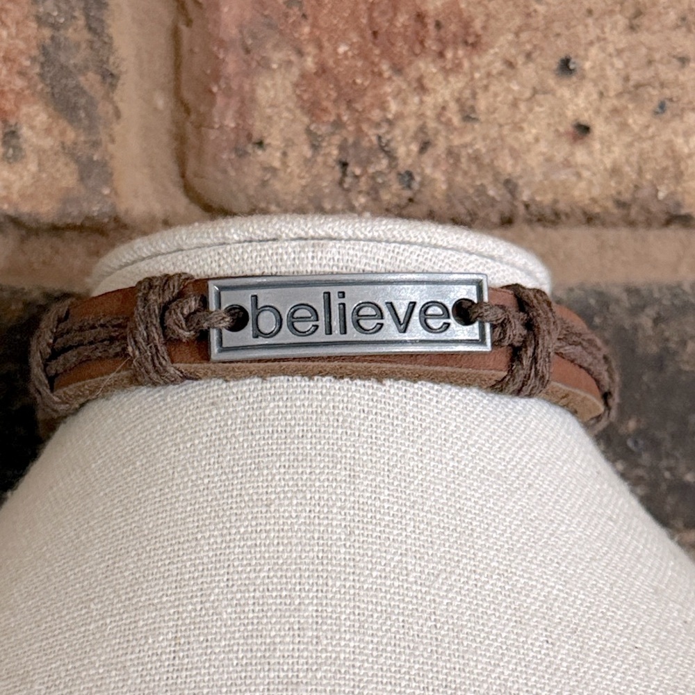 BELIEVE Bracelet Vintage LEATHER & CORDING Brown Adjust Metal Plate + or - 8"